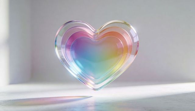 Iridescent floating layered glass heart with pastel prism reflection