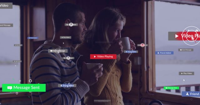 Man and Woman Drinking Coffee with Augmented Reality Interface - Download Free Stock Images Pikwizard.com