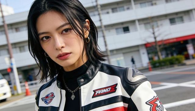 Urban biker portrait wearing leather motorcycle jacket with pendant necklace