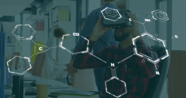 Man in an office using a virtual reality headset with molecular structures superimposed in front. Suggestive of scientific research, modern technologies, and corporate innovation. Perfect for use in articles about advancements in VR, research laboratories, and technology in corporate settings.