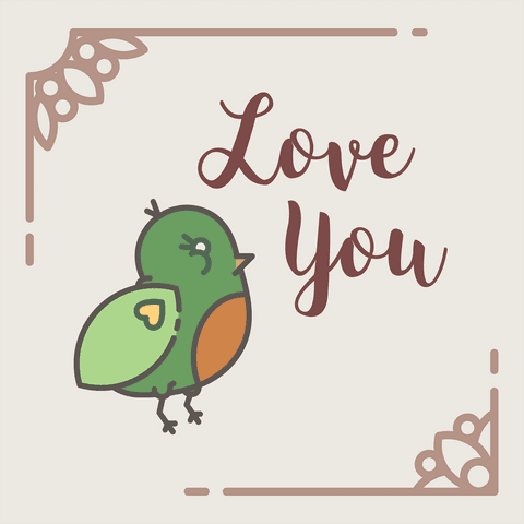 Transparent Love You Text with Green Bird Illustration