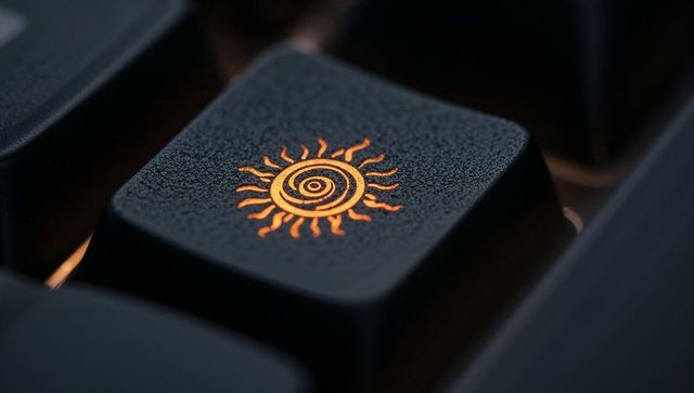 Glowing backlit sun keycap on textured black keyboard showing warm orange illumination