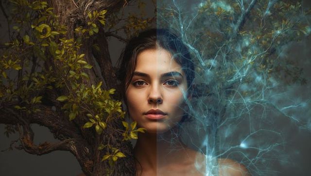 Woman Merging with Tree and Neural Glow Split Portrait Showing Nature-Tech Duality Surreal