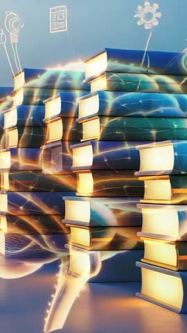 Opening Book Stacks Revealing Glowing Brain Hologram Linking Floating Tech Icons