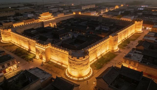 Glowing ancient city wall at night, drone aerial over illuminated walled citadel and gate towers