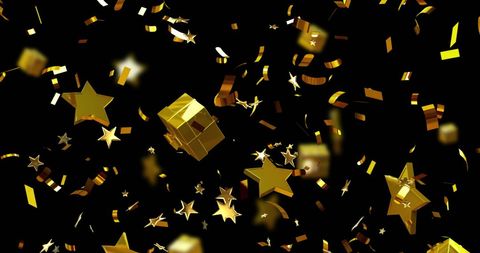 Glittering Gold Stars and Gifts on Black Background