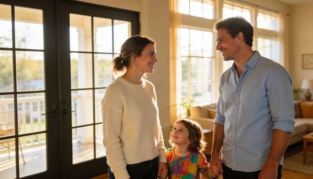 Sunlit family bonding in cozy living room parents holding hands with smiling daughter