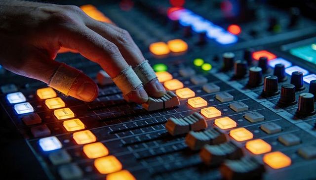 Sound engineer adjusting mixing console fader with taped fingers in dim studio lighting
