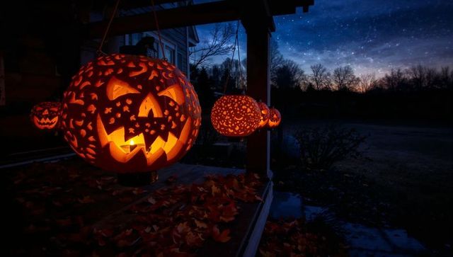 Glowing Carved Pumpkins on Porch with Night Sky and Fallen Leaves