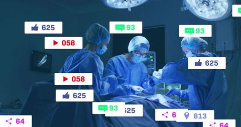 Surgical team performing operation with social media engagement overlays in operating room