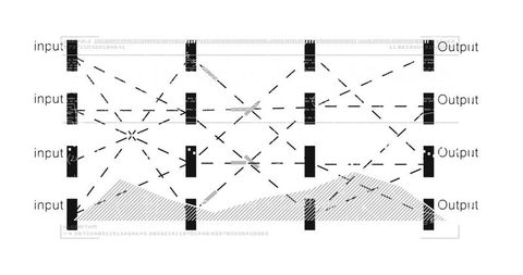 Minimalist monochrome network diagram displaying nodes, directional links and waveform overlay