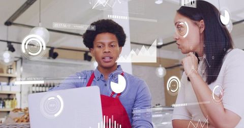 Small Business Team Discussing Bakery Sales on Laptop with Data Dashboard Overlays