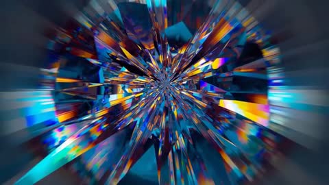 Inward Zoom Revealing Symmetrical Faceted Crystal Core with Rainbow Prism Reflections