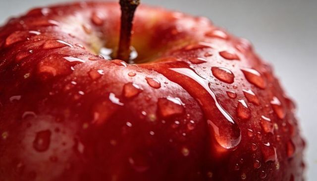 Glistening red apple with water droplets glossy macro closeup for food marketing