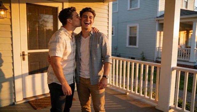 Sunlit gay couple sharing kiss and laugh on front porch at golden hour romantic moment