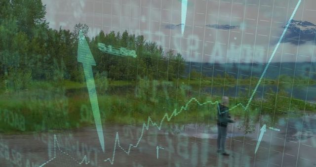 Businesswoman Analyzing Market Trends in Natural Setting with Digital Graphs