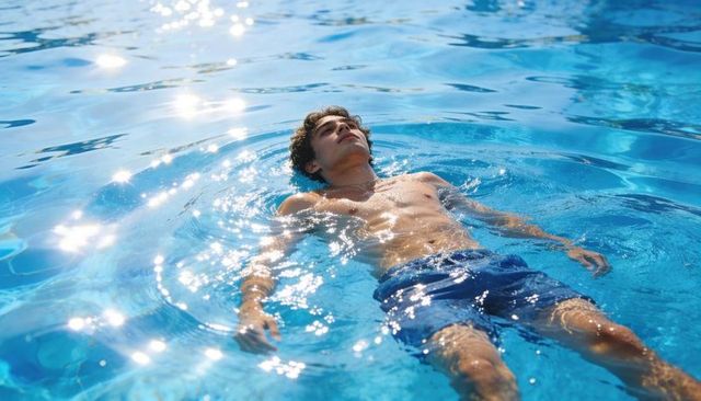 Young man floating in sunlit pool wearing blue trunks, serene summer relaxation