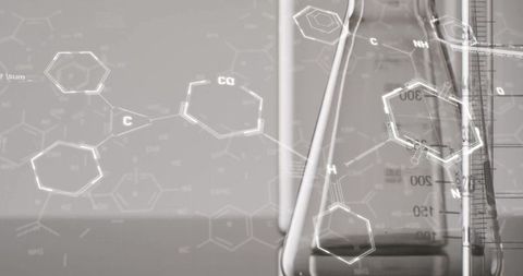 Digital chemical structures overlay on glass beakers