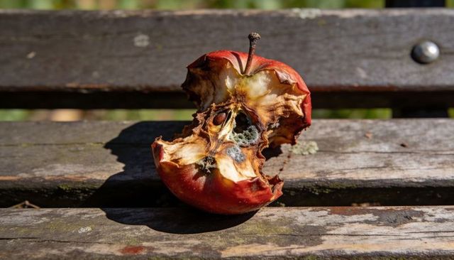 Bitten red apple rotting on weathered park bench with mold and sunlit shadow