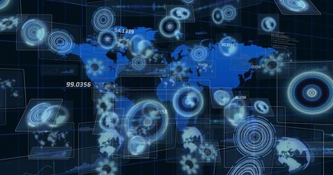 Futuristic Global Data Processing Interface with Digital Map