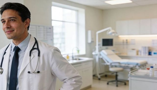 Confident doctor standing in sunlit clinic wearing stethoscope by examination table