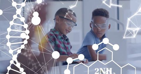 diverse children experimenting in science laboratory with chemical formulas overlay - Download Free Stock Images Pikwizard.com