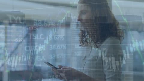 Caucasian Woman Analyzing Global Financial Data on Smartphone