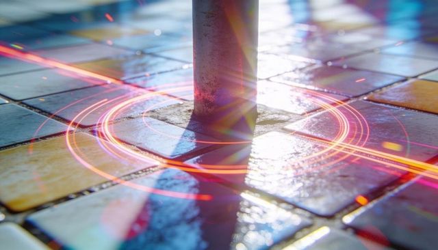 Neon light rings reflecting on glossy ceramic tiles around metal pole with circular glare