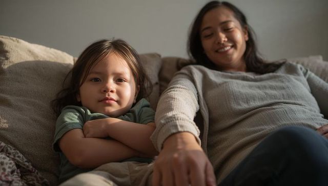 Mother relaxing on sofa, child crossing arms and facing camera in warm sunlight