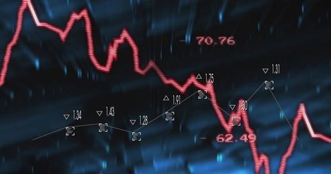 Neon Red Volatile Line Chart on Deep Blue Data Dashboard with Numeric Metrics