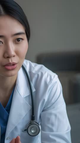 Doctor explaining medical advice in vertical video with stethoscope during clinic consultation