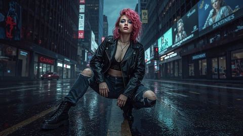 Woman with pink hair crouching on wet city street at night