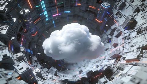 Floating cloud inside futuristic neon cylinder city core, cyberpunk tech interior