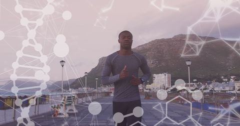 Man Running on Seaside Promenade with Digital Health Graphics
