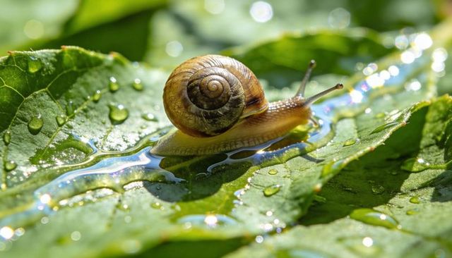 Macro land snail crawling on wet leaf with spiraled shell, dew droplets and sunlit bokeh