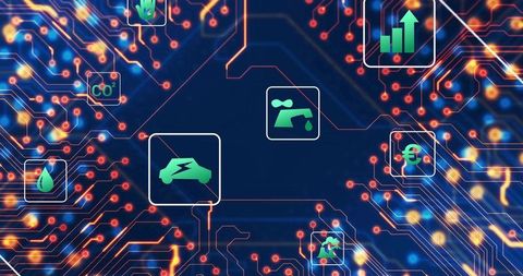 Digital Network with Icons Representing Sustainable Technology