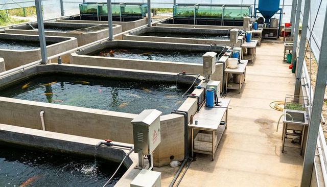 Koi hatchery recirculating system in covered greenhouse with concrete tanks and filtration