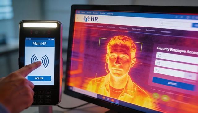 Worker pressing biometric fingerprint reader with thermal facial recognition for hr access
