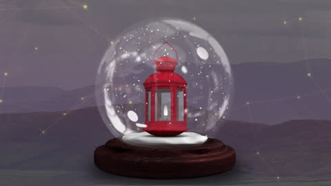 Red Lantern Enclosed in Snow Globe with Festive Elements
