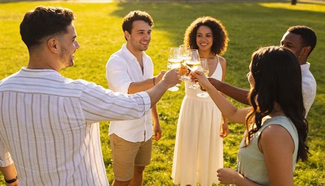 Friends toasting with white wine in sunlit park during golden hour summer evening gathering