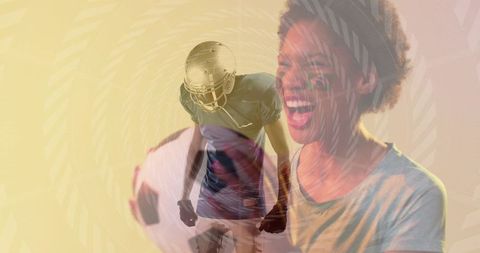 Double Exposure Sports Energy: Excited Fan With Helmet and Football Visuals