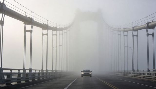 Driving through dense fog on suspension bridge with headlights cutting through mist