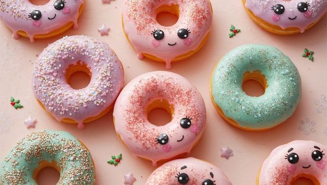 Kawaii Pastel Donuts with Glitter Sprinkles Flatlay for Bakery, Kids Party, Branding