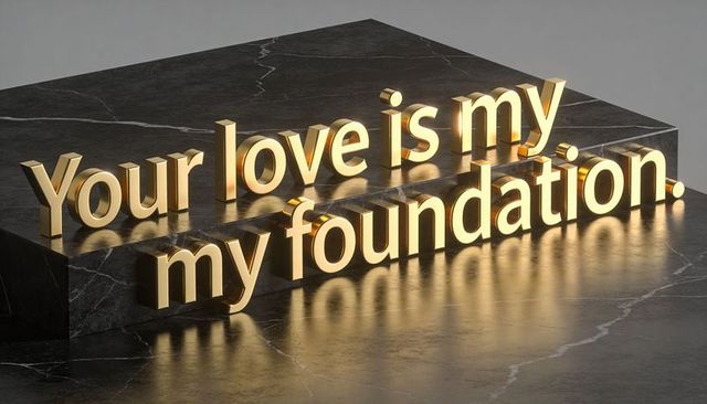 Golden 3d typography 'your love is my foundation' reflecting on black marble steps casting glow