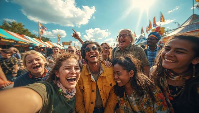 Diverse friends sharing joyful moments at vibrant carnival