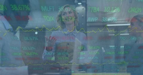 Financial Analysts Discussing Market Trends with Digital Data Overlay