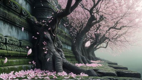 Cherry blossom trees along decorative artisan stone wall