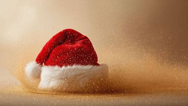 Red velvet Santa hat scattering gold glitter on warm beige background