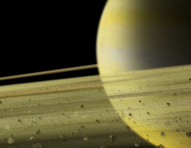 This is a detailed illustration depicting a close-up view of the rings of Saturn against the backdrop of space. It can be used for educational purposes, space science content, astronomy articles, or mystifying visual art in creative projects. The image highlights the intricate details of the ring particles and their formation theory, making it ideal for scientific and academic contexts.