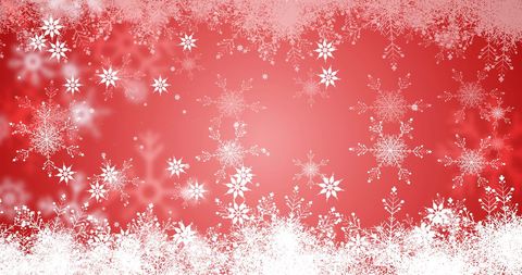 Festive Snowfall and Snowflakes on Red Christmas Background